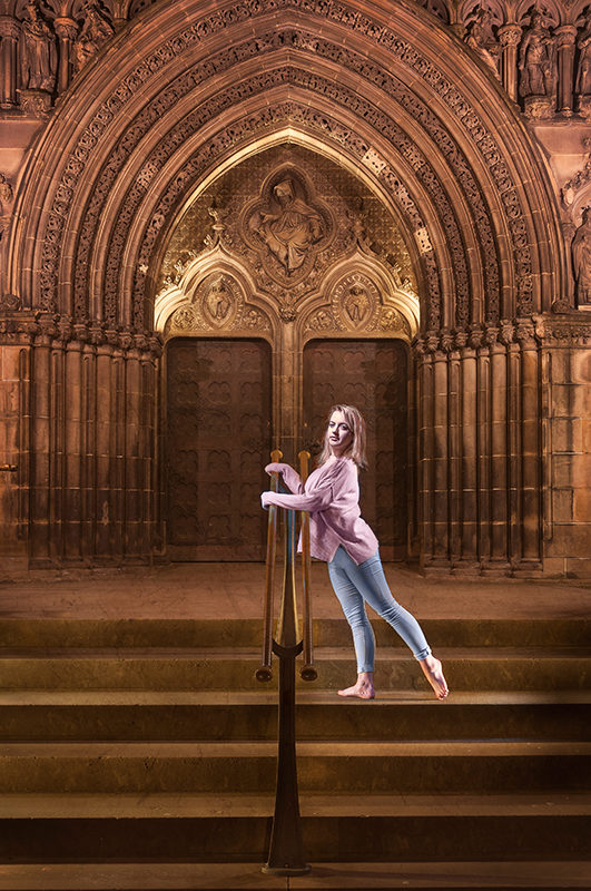 Light painting of model in front of St Giles cathedral on the Royal Mile in Edinburgh, Scotland