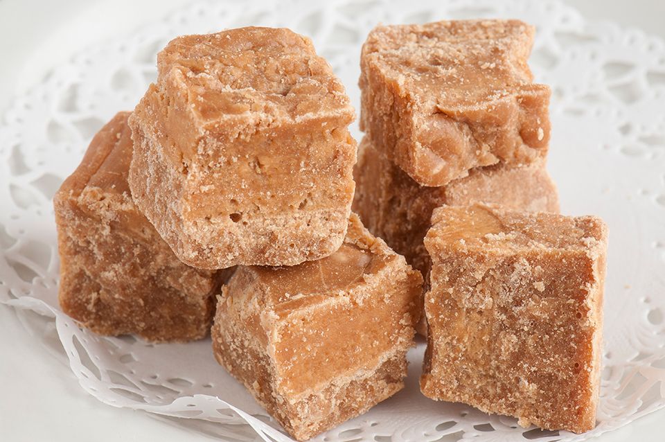 Close up of caramel cubes on a plate