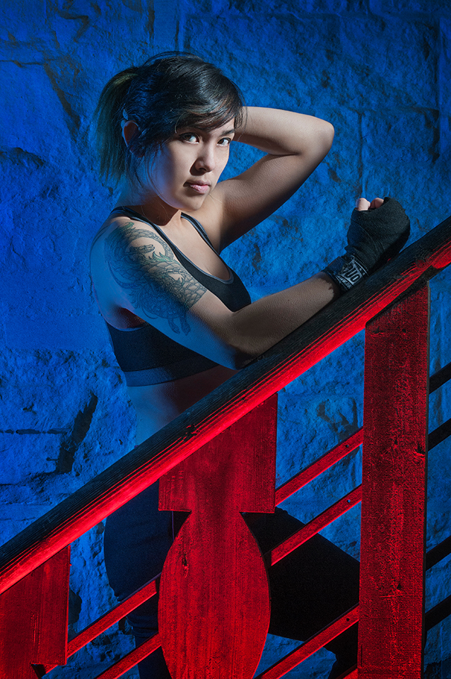 Wild West Morningside Edinburgh steps lit with speed lights and gels, with model in May Thai attire