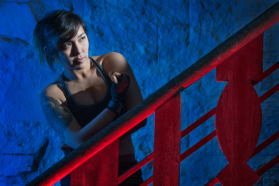 Wild West Morningside Edinburgh steps lit with speed lights and gels, with model in May Thai attire