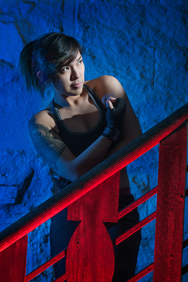 Wild West Morningside Edinburgh steps lit with speed lights and gels, with model in May Thai attire