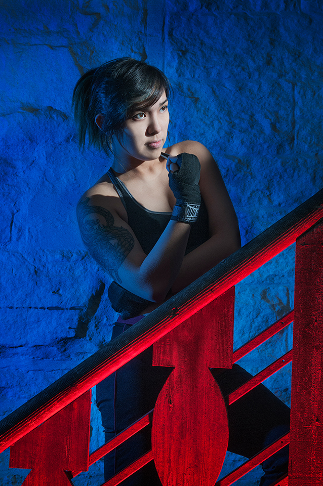 Wild West Morningside Edinburgh steps lit with speed lights and gels, with model in May Thai attire