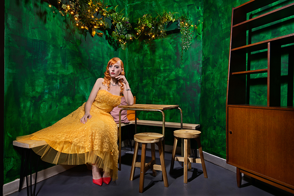 Light painting of model in a yellow dress