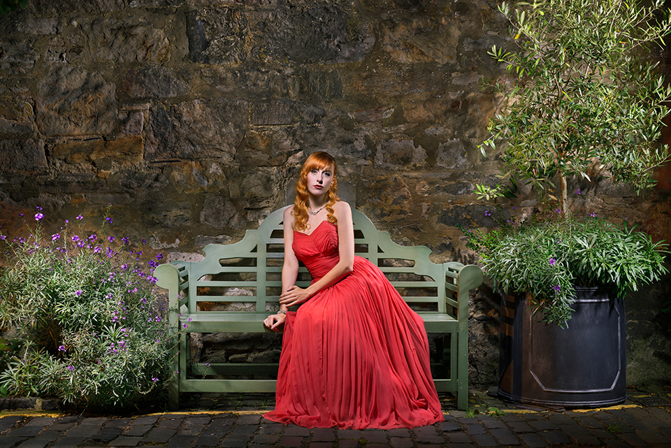 Light painting of model in a red dress