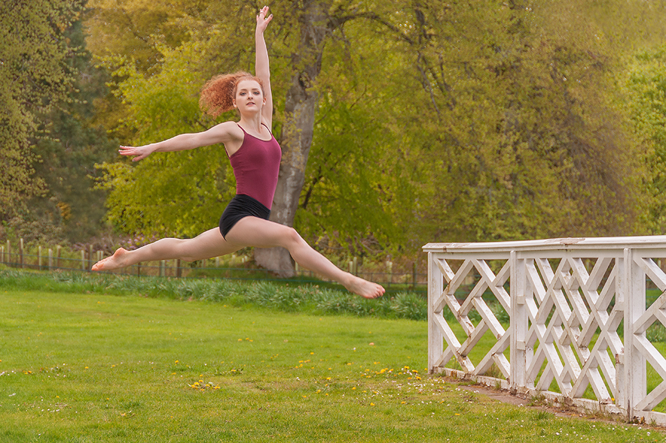 Dancer Anna Stidolph jumping at the Clerk Estate in Penicuik