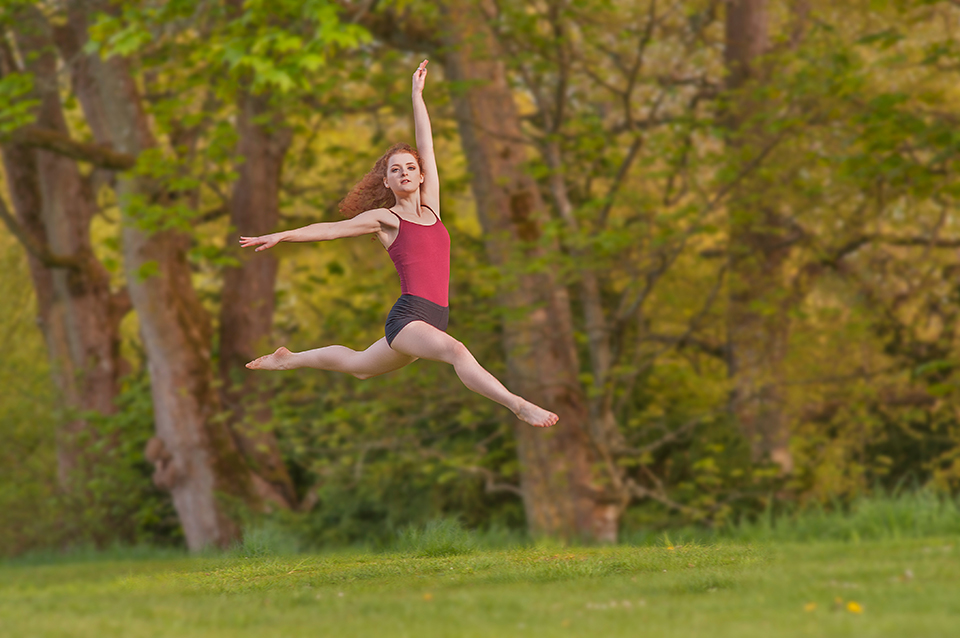 Dancer Anna Stidolph jumping at the Clerk Estate Penicuik