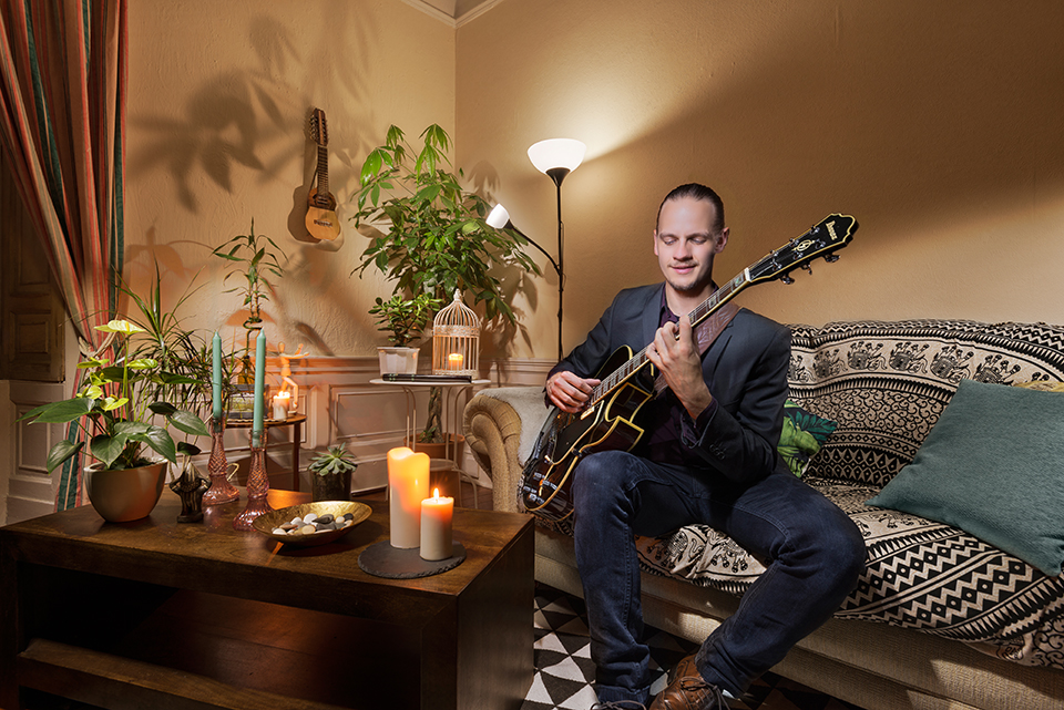 Jazz guitarist Dave Toule in his Edinburgh flat