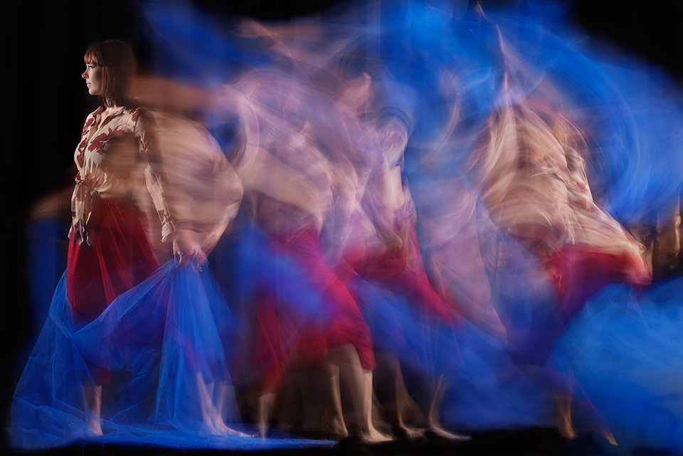 Long exposure image of Pirita Tuisku at Dance Base, Edinburgh