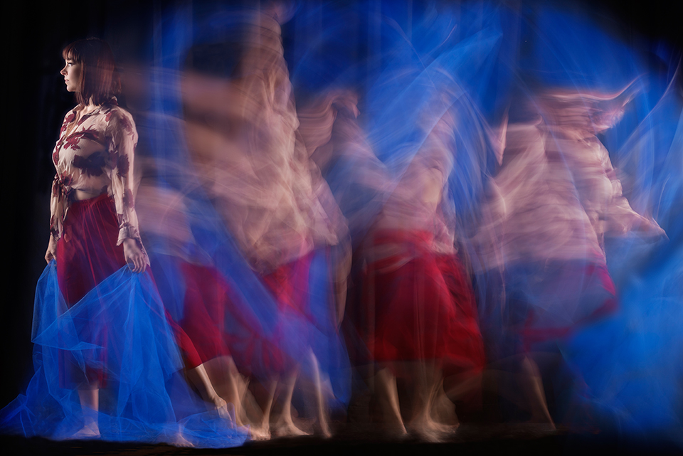 Long exposure image of Pirita Tuisku at Dance Base, Edinburgh