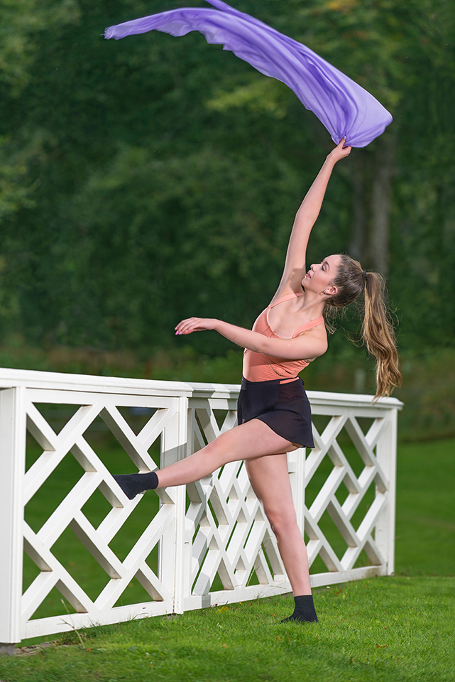 Dance student Macy waving a piece of fabric at the Clerk Estate, Penicuik, image no 3