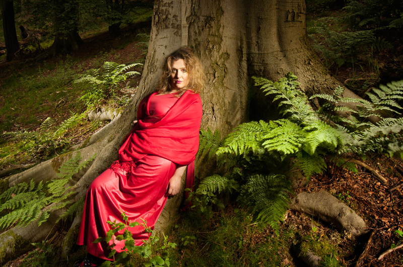 light painting of actress and model Electra Gouni in the forest of Blackford Hill, Edinburgh