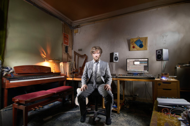 Light painting of composer and audio producer Frankie Lowe in his recording studio