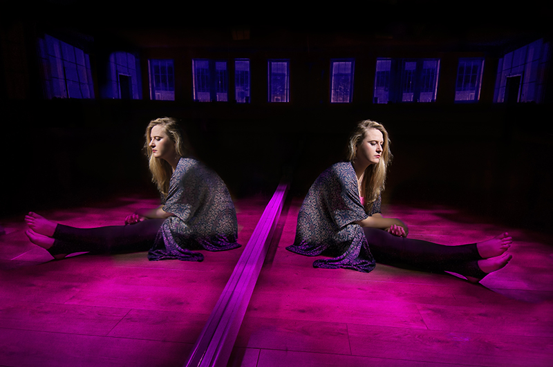 Dancer and choreographer Karen Mc Arthur and her reflection at Shapes Fitness Studios, Edinburgh