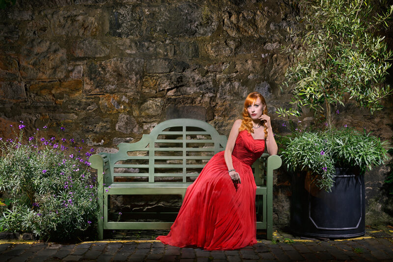 Light painting of model in a red dress
