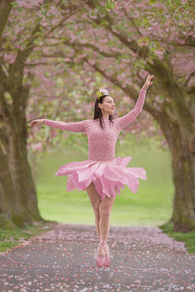 Circus Artist Jusztina Hermann with tutu made from a single Cherry Blossom